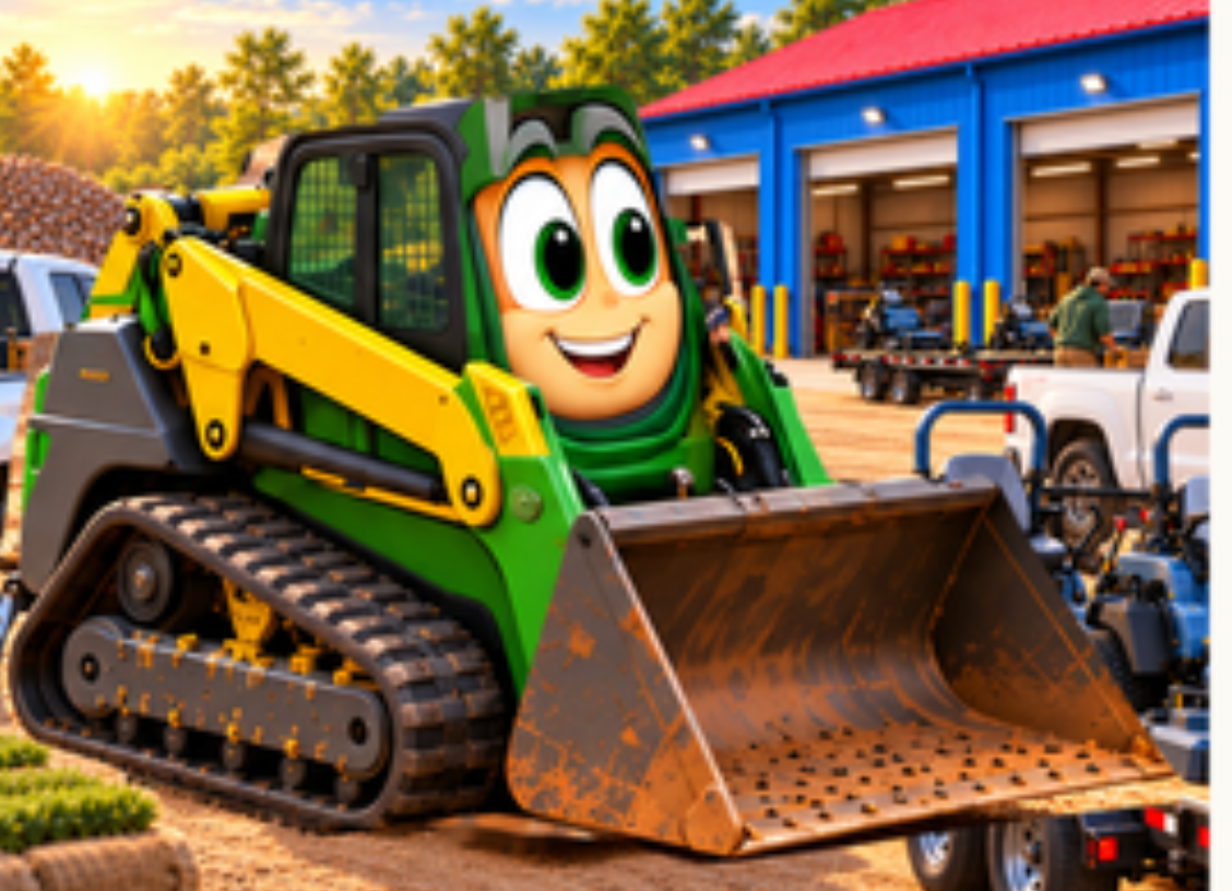 Ollie, the smiling green-and-yellow tracked loader from the Ollie series